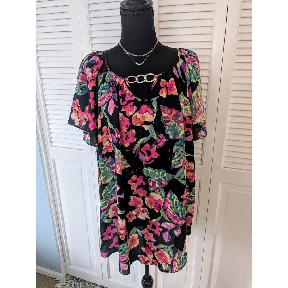 Sami & Jo Plus Size 2X Tunic Top Blouse Pink Black Floral Hawaiian Chiffon Chain